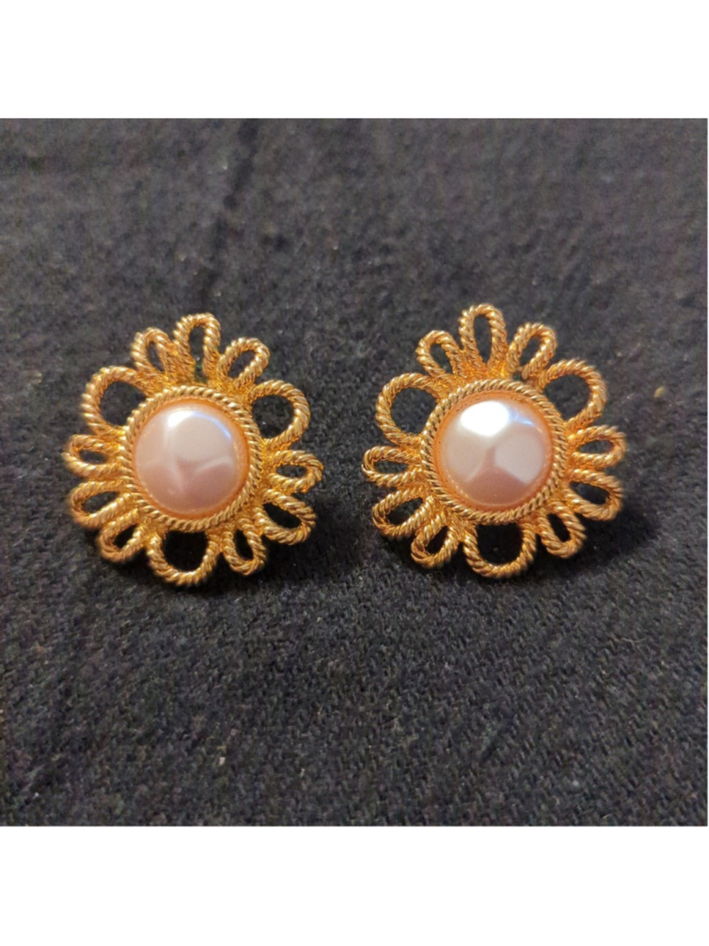 Vintage Avon Gold Tone Pastel Pink Faux Pearl Floral Stud Statement Earrings
